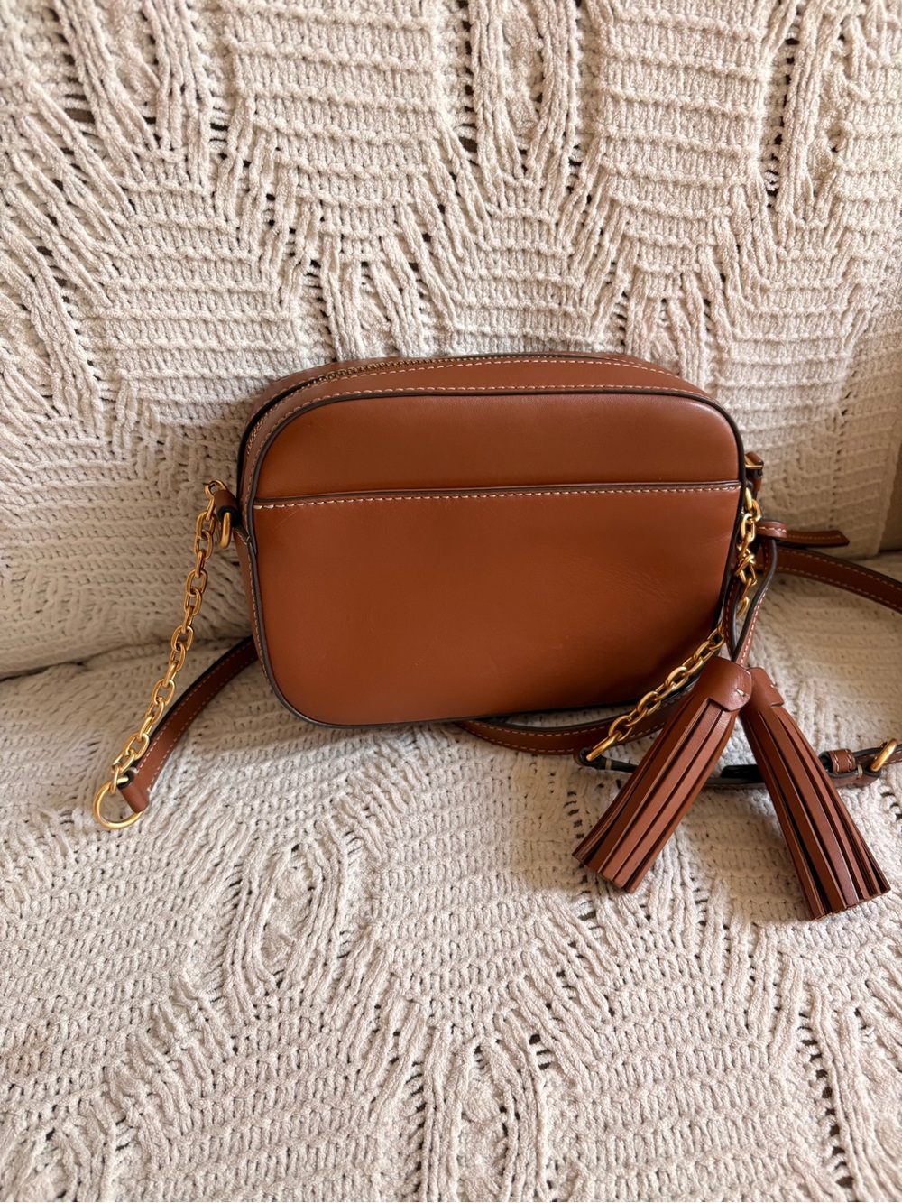 Tory Burch Brown Leather & Cream Canvas Woven Camera Crossbody - Picture 3 of 5